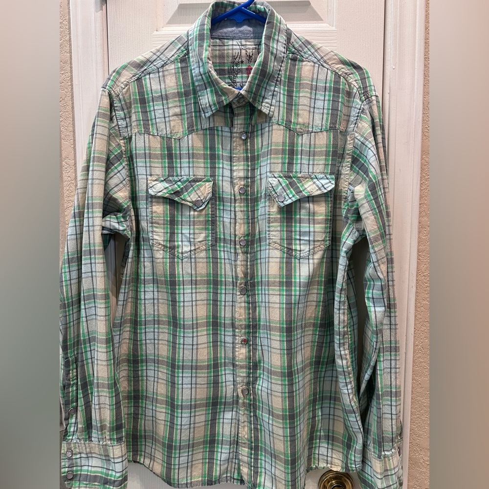 Starr Men's western Green White Plaid Pearl snap Rockabilly Hipster Shirt